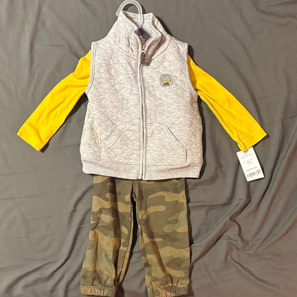 Carters Boys Gray Vest with Yellow Sleeves and Camo Pants 3 piece set size 12 mo